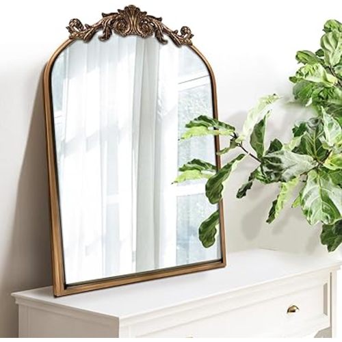 WAMIRRO Antique Mirror,Gold Traditional Vintage Ornate Baroque Mirror,Arched Brass Mirror,Wall Mounted Mirrors for Entryway/Fireplace/Living Room/Hallway/Bathroom 19"X27"