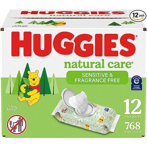 Huggies Natural Care Sensitive Baby Wipes, Unscented, Hypoallergenic, 99% Purified Water, 12 Flip-Top Packs (768 Wipes Total)
