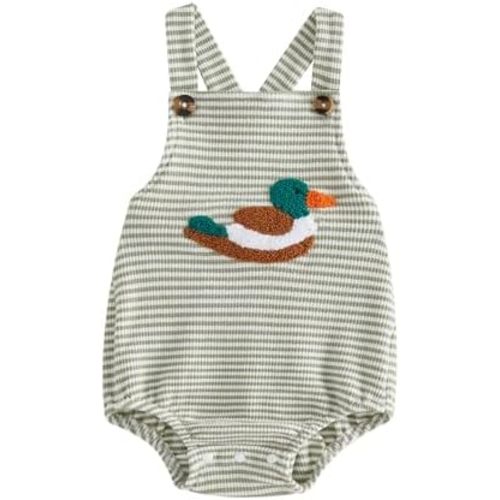 Gaono Baby Boys Summer Romper Stripe Waffle Mallard Duck Embroidery Sleeveless Bodysuit Jumpsuit Infant One Piece Overalls