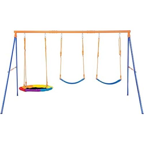 VEVOR Swing Sets for Backyard, with 1 Saucer Swing Seat, 2 Belt Swing Seats, 600lbs Load Capacity Swing Set, Heavy Duty A-Frame Metal Swing Stand and Adjustable Rope, Swingset Outdoor for Kids