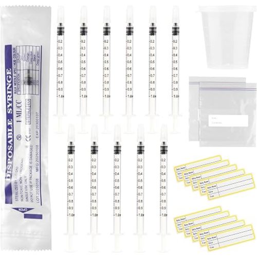 20 Sets 1ml Colostrum Syringes with Caps No Needle Colostrum Collector Kit Include 20pcs 1ml Sterile Syringes, 20 Labels, 2 Storage Bags and 1 Measuring Cup