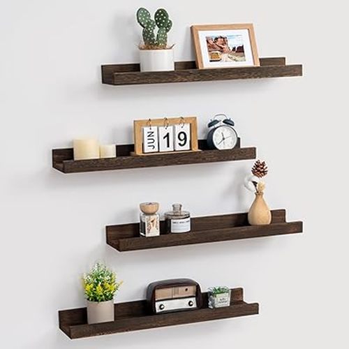 Fun Memories Rustic Wooden Floating Shelves with Lip, Picture Ledge Shelf 24 Inch Long, Solid Wood Wall Mounted Photo Ledge Shelves Wall Shelf for Kids Room, Bedroom, Living Room, Set of 4