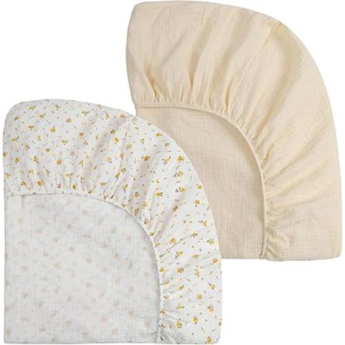 Onacosht Muslin Crib Sheets for Boys Girls, Soft Breathable 100% Cotton Baby Fitted Sheet 52" x 28" for Standard Toddler Crib Mattress, 2 Pack, Beige and Yellow Floral