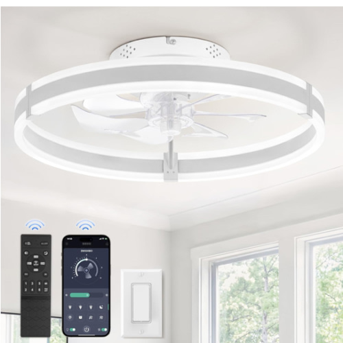 ZMISHIBO Ceiling Fans with Lights and Remote, 19.7'' Low Profile Ceiling Fan, 3000-6000K Dimmable Modern Flush Mount LED Fan Light, 6 Wind Speeds, White Fandelier Ceiling Fans for Bedroom