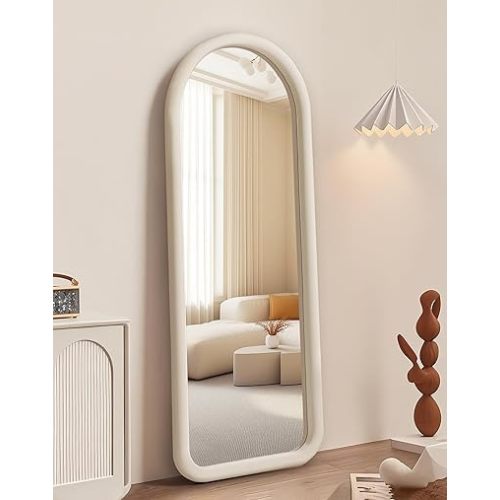56"x20" Arched Full Length Mirror, Free Standing Floor Plush Flannel Frame Mirror for Leaning or Hanging, Soft Touch Bedroom & Living Room Decor, Cream White