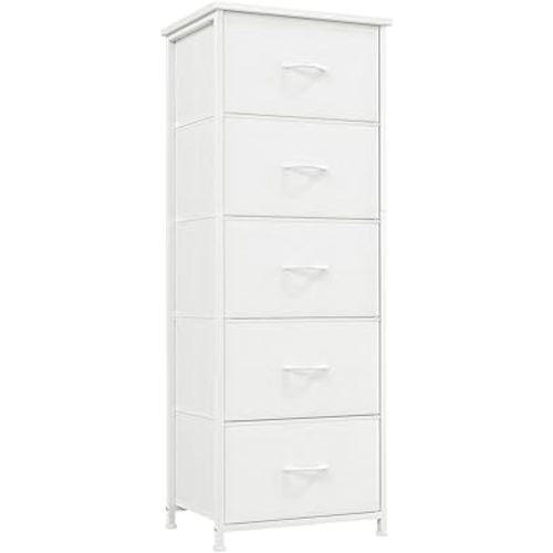 Somdot Dresser for Bedroom,Chest of Drawers Storage Organizer,Steel, MDF,Non-Woven Fabric Drawers,Closet Bedside Living Room Entryway Hallway,11.8" D x 16.5" W x 45.1" H (5 Drawers) White Leather,1