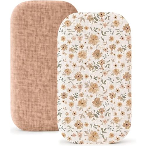 Konssy Muslin Fitted Bassinet Sheets 2 Pack for Baby Girl Boy, Soft Bedside Sleeper Bassinet Sheets Fit for Baby Bassinets, Moses Basket Oval Rectangle Pad/Mattress