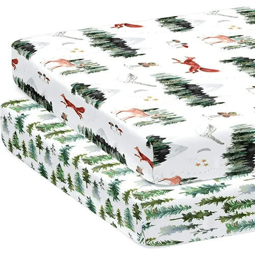 2-Pack Pack N Play Sheets for Standard Pack and Plays and Mini Cribs (Starry Woodland)- Ultra-Soft Cotton Blend, Stylish Woodland Pattern, Safe and Snug for Baby