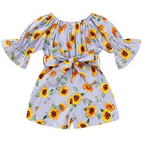 YOUNGER TREE Kids Toddler Baby Girls Summer Outfit Off-Shoulder Sunflower Overall Romper Jumpsuit Short Trousers Clothes
