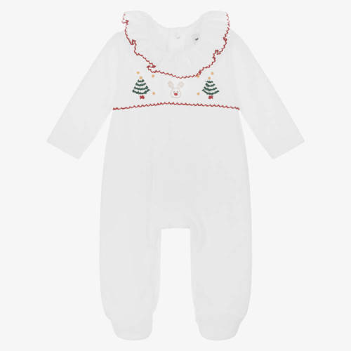 Babidu - White Festive Ruffle Collar Velour Babygrow | Childrensalon