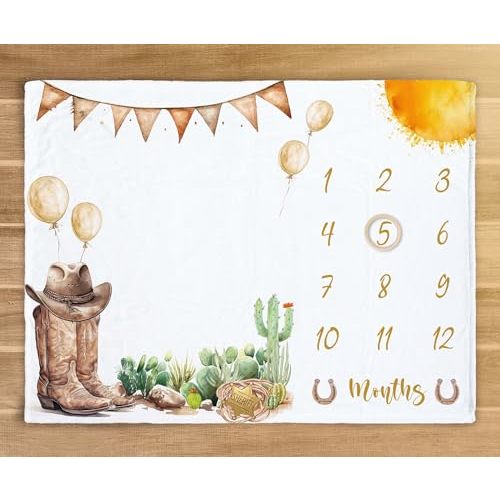 Kwtzkuo Western Milestone Blanket Baby Boy, Cowboy Baby Monthly Blanket with Wooden Frame, Newborn Baby Shower Photo Props My First Rodeo Gifts