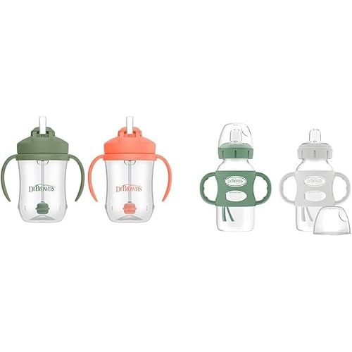 Dr. Brown's Milestones Baby’s First Straw Cup, Training Cup with Weighted Straw, Coral & Olive Green, 2 Pack, 6m+ & Milestones Wide-Neck Sippy Bottle with 100% Silicone Handles, Easy-Grip Bottle