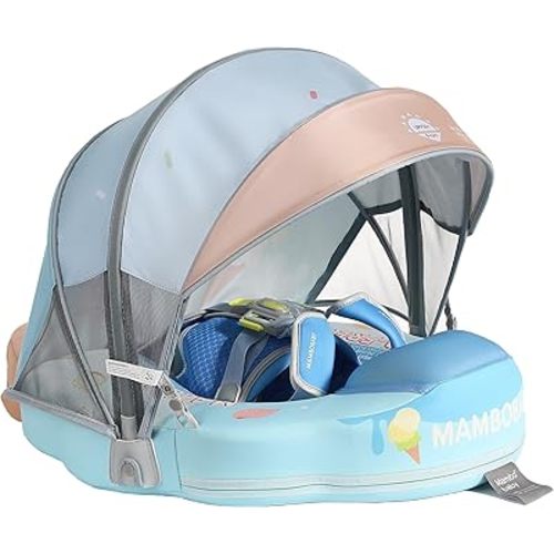 Mambobaby Float with Canopy Baby Infant Pool Float Add Tail Non-Inflatable Swim Float Upgrade Soft Waterproof Skin-Friendly Leather Material (Limited Edition Blue)