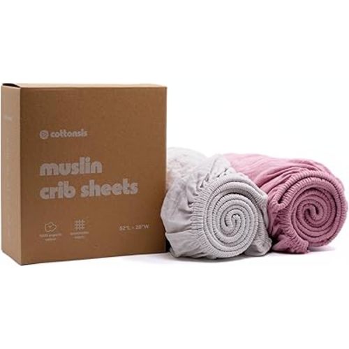 Muslin Crib Sheets –GOTS&OEKO-TEX® Certified Organic Turkish Cotton Fitted Sheets for Baby Crib, Boys & Girls, Soft & Breathable, 2 Pack Toddler Bed Sheets 52x28, Cotton Latte & Neutral Rose