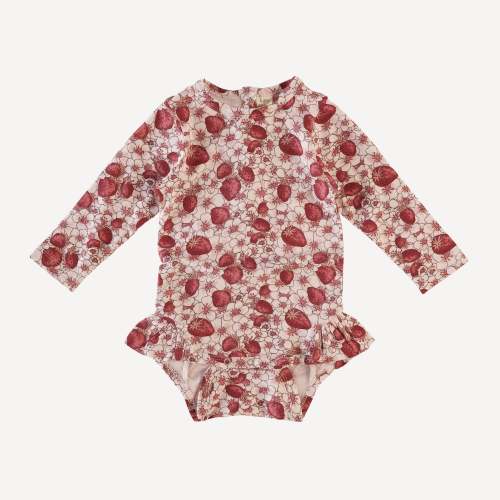 long sleeve ruffle leg bodysuit | pink strawberry floral | bamboo