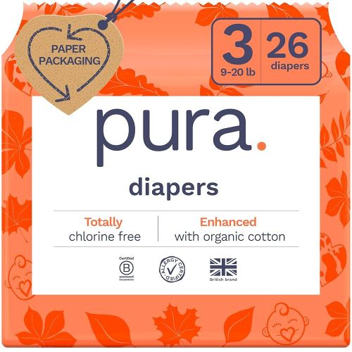 Pura Size 3 Eco-Friendly Diapers (9-20 lbs) Totally Chlorine Free (TCF) Hypoallergenic, Soft Organic Cotton, Sustainable, up to 12 Hours Leak Protection, Allergy UK, 1 Pack of 26 Diapers