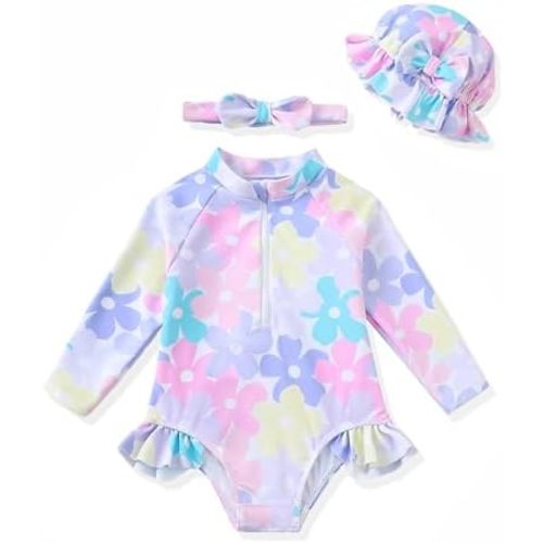 Baby Swimsuit Girl Summer One-Piece Infant Bathing Suit with Hat Long Sleeve Ruffle Zipper Rash Guard Beach Swimwear