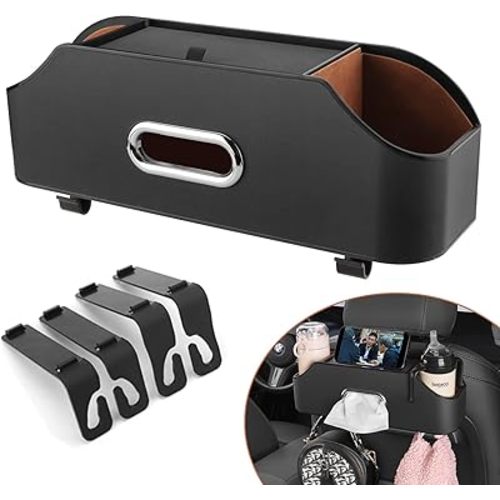 Car Seat Back Organizer - Stylish & Functional Storage for Family Adventures - Cup Holders, Tissue Box & Hooks - Perfect for Kids, Road Trips & Travel (Black)