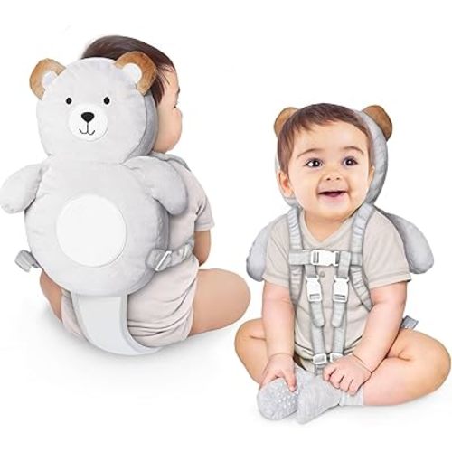 Baby Head Protector Backpack, 100% Cotton Non-Toxic Hypoallergenic Baby Backpack Head Protection, Full Head Coverage, Baby Head Protection for Falling, Secure, Durable, Bear (Grey)