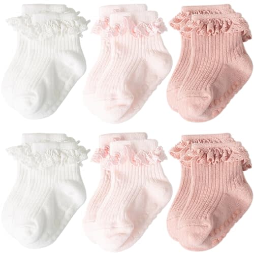 AQOKKA Baby Girl Toddlers Socks with Non-slip Grip Cute Frilly Ruffle Ankle Soft Cotton Newborn Baby Socks for Infant Kids
