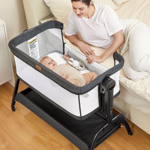 Babybond Rocking Baby Bassinet, 3-in-1 Bedside Crib With Comfy Mattress, Wheels And 6 Height Adjustments, Portable Bedside Sleeper For Infants, Black