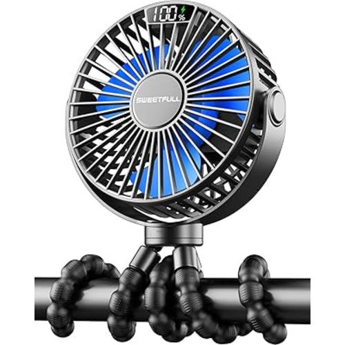 SWEETFULL Portable Stroller Fan with LED Display, 4 Speed Rechargeable Mini Clip On Fan, 360° Rotate Flexible Tripod Better Cooling Small Baby Fan for Car Seat Crib Travel Bike Treadmill (Black)