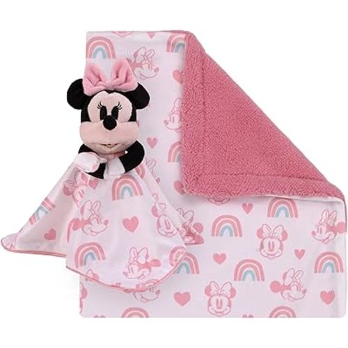 Disney Minnie Mouse White, Pink, and Aqua Rainbows and Hearts Super Soft Sherpa Baby Blanket and Security Blanket 2-Piece Set