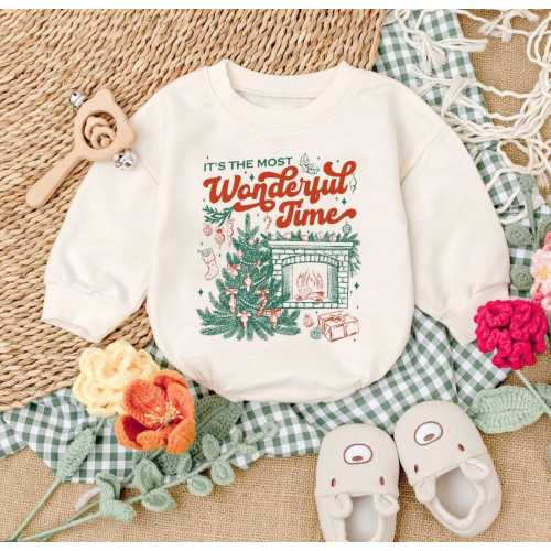 It's The Most Wonderful Time Baby Romper, Christmas Tree Romper Sweatshirt, Retro Xmas Romper, Cozy Holiday Bodysuit, Winter Party Romper