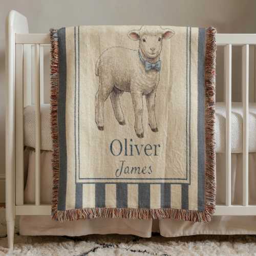 Personalized Lamb Baby Woven Blanket, Vintage Lamb Nursery Decor, Custom Name Baby Blanket, Farm Cottage Nursery Gift