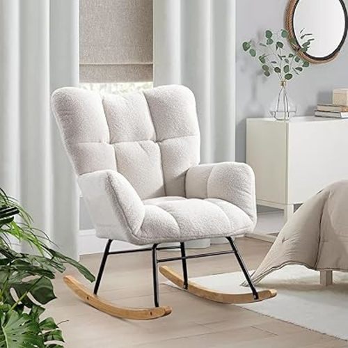Rocking Chair, Teddy Upholstered Glider for Nursery, Padded Seat with High Backrest, Modern Accent Recliner Armchair Comfy Side Chair for Living Room Bedroom Furniture (White)