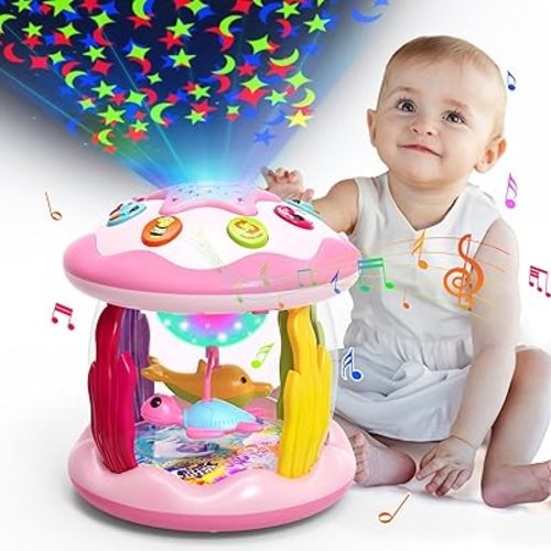 Baby Toys 6 to 12 Months, 4 in 1 Ocaen Rotating Projector, Tummy Time Light Up Musical Toys for 6 7 8 9 12-18 Months, Educational Toys Birthday Gifts for Baby Infants 1 2 Year old Girls(Pink)