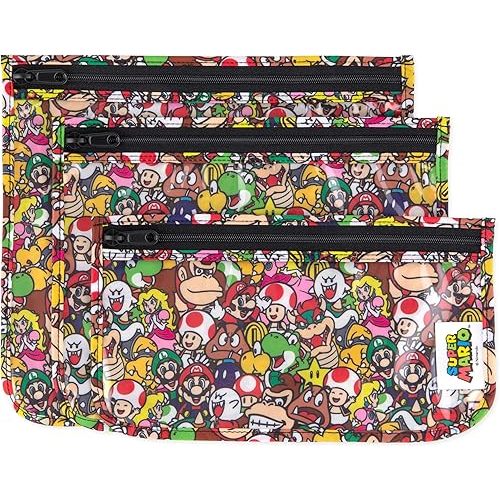 Bumkins Travel Bag, Toiletry, TSA Approved Pouch, Zip Bag, Quart Size Airline Compliant, Clear-Sided, Baby, Diaper Bag Organization, Makeup, Accessories, Packing, Set of 3 Sizes, Nintendo Super Mario