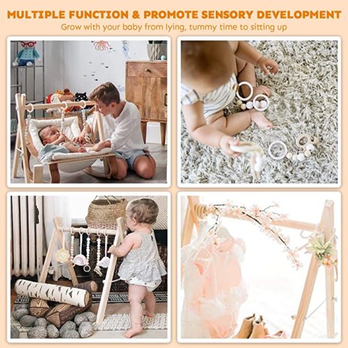 HAN-MM Wooden Baby Gym with 6 Wooden Baby Toys Foldable Baby Play Gym Frame Activity Gym Hanging Bar Newborn Gift Baby Girl and Boy Gym (Natural Color)