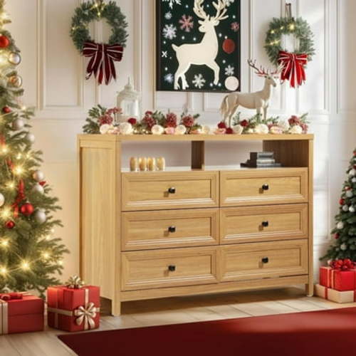 Dresser for Bedroom with Power Outlet, 47" Wide 6 Drawer Dresser with Extra Thick MDF Panel Frame, Wood Chests of Drawers for Bedroom, Hallway, Entryway, Natural Walnut