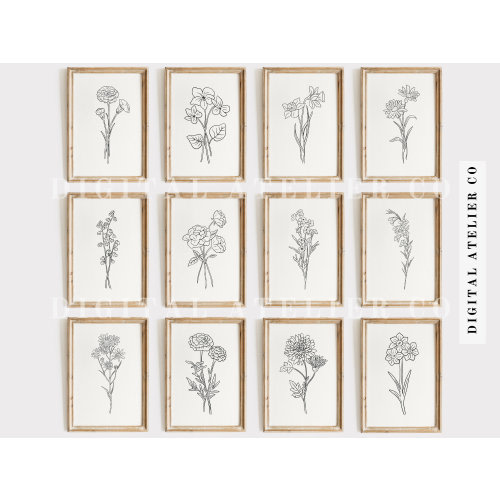 Birth Month Flower Print Art Set Idea Instant Printable for Mom Grandma Digital Artwork Birth Line Art Tattoo Print Decor Wall Art Set | S01