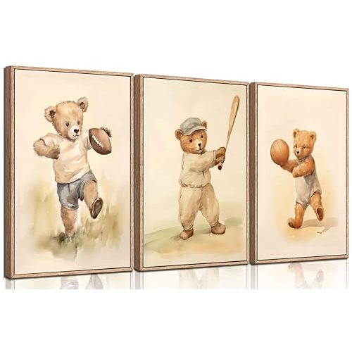 3Pcs Teddy Bear Sports Nursery Animal Canvas Wall Art Cute Woodland Baby Bear Rugby Wall Decor Pictures Football Basketball Baseball Kids Room Posters Prints for Children Bedroom Decoration No Frames