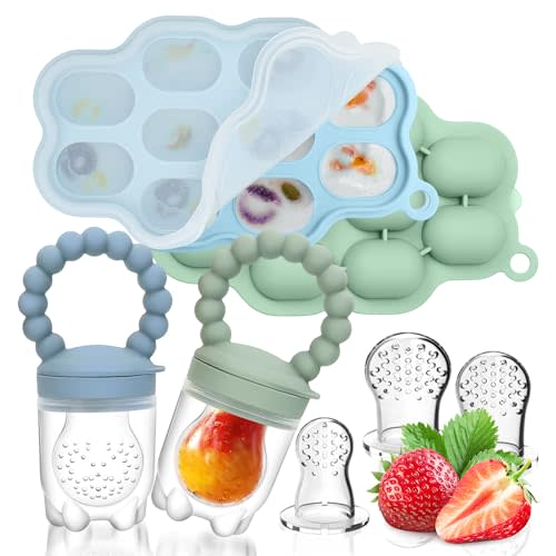 Silicone Baby Fruit Food Feeder, 2 Pack Freezer Tray with lid for Batch Prep,Introduce New Foods, Breastmilk Popsicle Molds, Silicone Teething Toys, Includes 6 Extra Food Pacifier