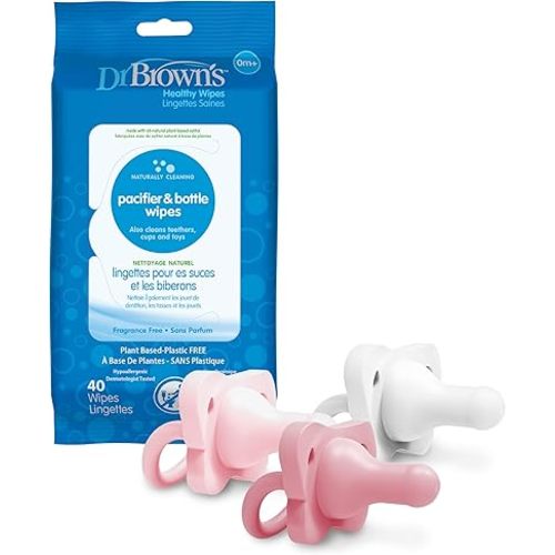 Dr. Brown's HappyPaci 100% Silicone Pacifier 0-6m, BPA Free, White, Pink, Light Pink, 3 Pack and Pacifier and Bottle Wipes, 40 Count