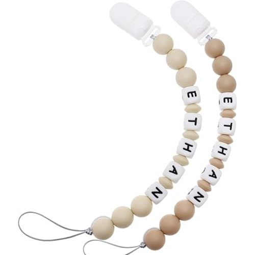 Personalized Pacifier Clip with Name, Customizable Pacifier Clip (2 Pack) (Khaki + Oatmeal)