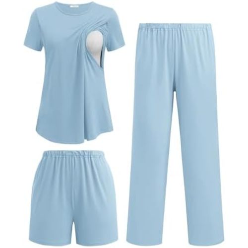 Ekouaer 3 Piece Maternity Pajamas Set Postpartum Nursing Short Sleeve Breastfeeding Sleepwear Pregnancy Shorts & Pants Pjs