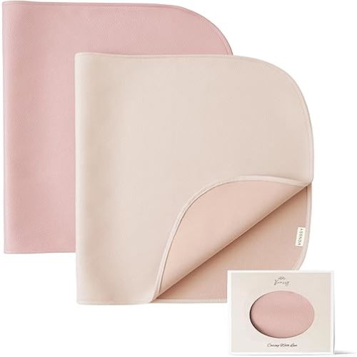 Konssy 2 Pack Faux Leather Baby Changing Mat 30"x17", Foldable and Wipeable Portable Changing Pad, Waterproof and Soft for Travel or Home Use (Blush,Beige)