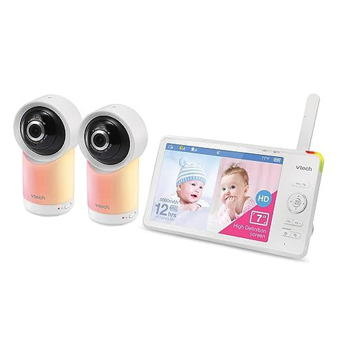 VTech RM7766-2HD RM77662HD Smart Wi-Fi 1080p 2-Camera 360°-Pan-and-Tilt Video Baby Monitor System with 7-in. Display, Night-Light, and Remote Access, White