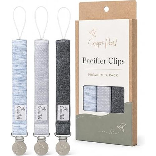 Copper Pearl 3-Pack Pacifier Holders: Premium Knit Binky Clips for Baby Girls and Boys - Stylish Stainless Steel Design for Secure No-Drop Attachment - Lennon