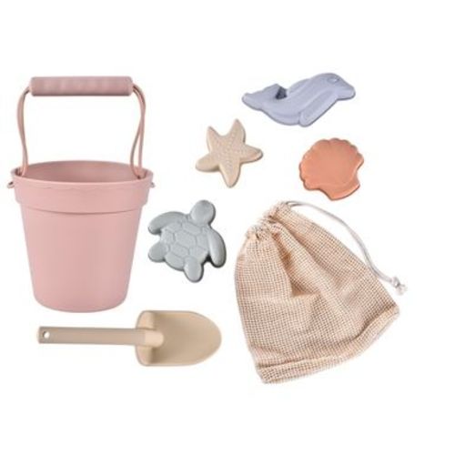 Link Ready! Set! Play! Silicone Beach & Pool Toy 7pc Set For Travel Bucket Shovel 4 Sands Molds For Toddlers & Babies Carry Bag Included - Blush Pink