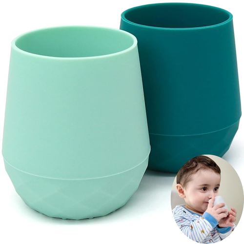 2 Pack Tiny Cup for 4+ Months | Silicone Baby Cups 6-12 Months, Infant Training Open Cup for Baby Led Weaning Supplies, 2oz (Aquamarine)