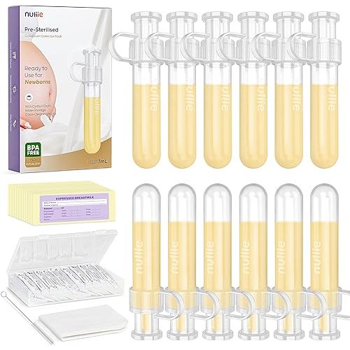Nuliie Colostrum Collector Kit 7ml/12pcs, Leakproof, Reusable Breast Milk Collector, Heat & Freezer Resistant, BPA-Free, With Cotton Cloth Wipe, Storage Case, Cleaning Brush -Ready-to-Use for Newborns