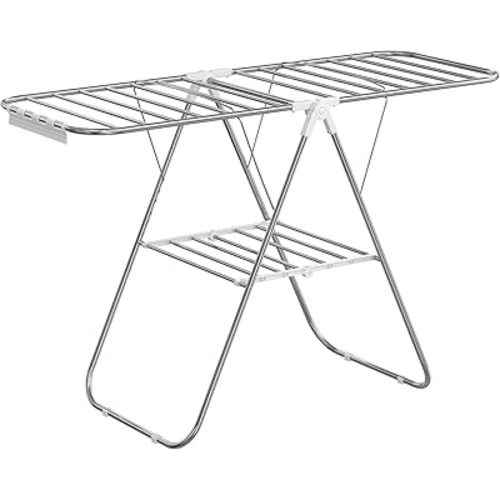 SONGMICS Clothes Drying Rack, with Sock Clips, Metal Laundry Rack, Foldable, Space-Saving, Free-Standing Airer, with Height-Adjustable Gullwings, Indoor Outdoor Use, Silver and White ULLR052W01