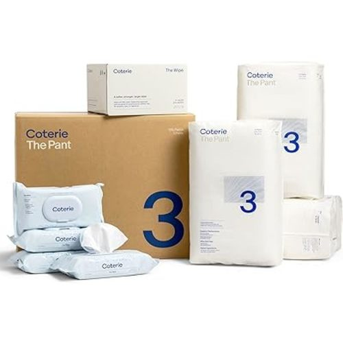 Coterie The Pant Pull On Diaper + Wipes Baby Kit, Size 3 (14-24 lbs) 156 Count + 4 Wipe Packs (224 Wipes) Made with Plant-Based Fibers, Hypoallergenic, Designed for Sensitive Skin, Clean Ingredients