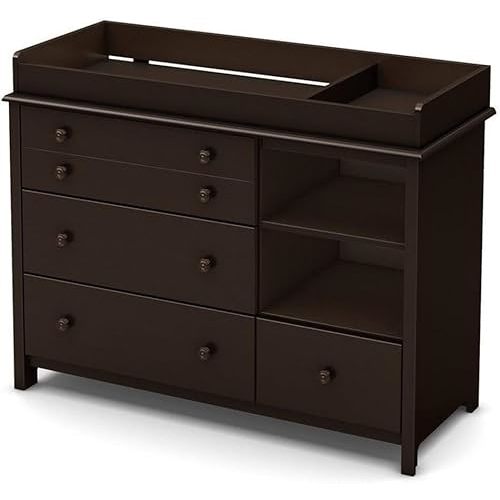 Pemberly Row Large Changing Table for Baby Bedroom, 4 Drawers and Open Shelves, Espresso Brown