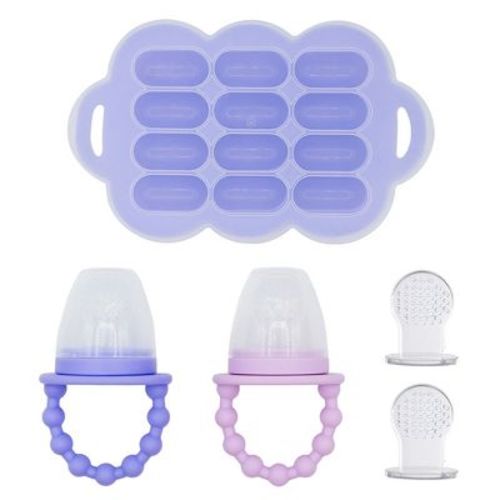 WeeSprout Silicone Baby Food Feeders + Freezer Tray for Batch Prep - Set of 2 (Bright Blue/Navy) + Bright Navy Tray